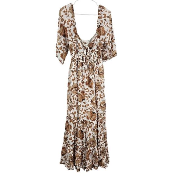 Anthropologie Dress White Tan Floral Cutout Tiered Puff Sleeve Smocked Maxi Sz S - Picture 2 of 11